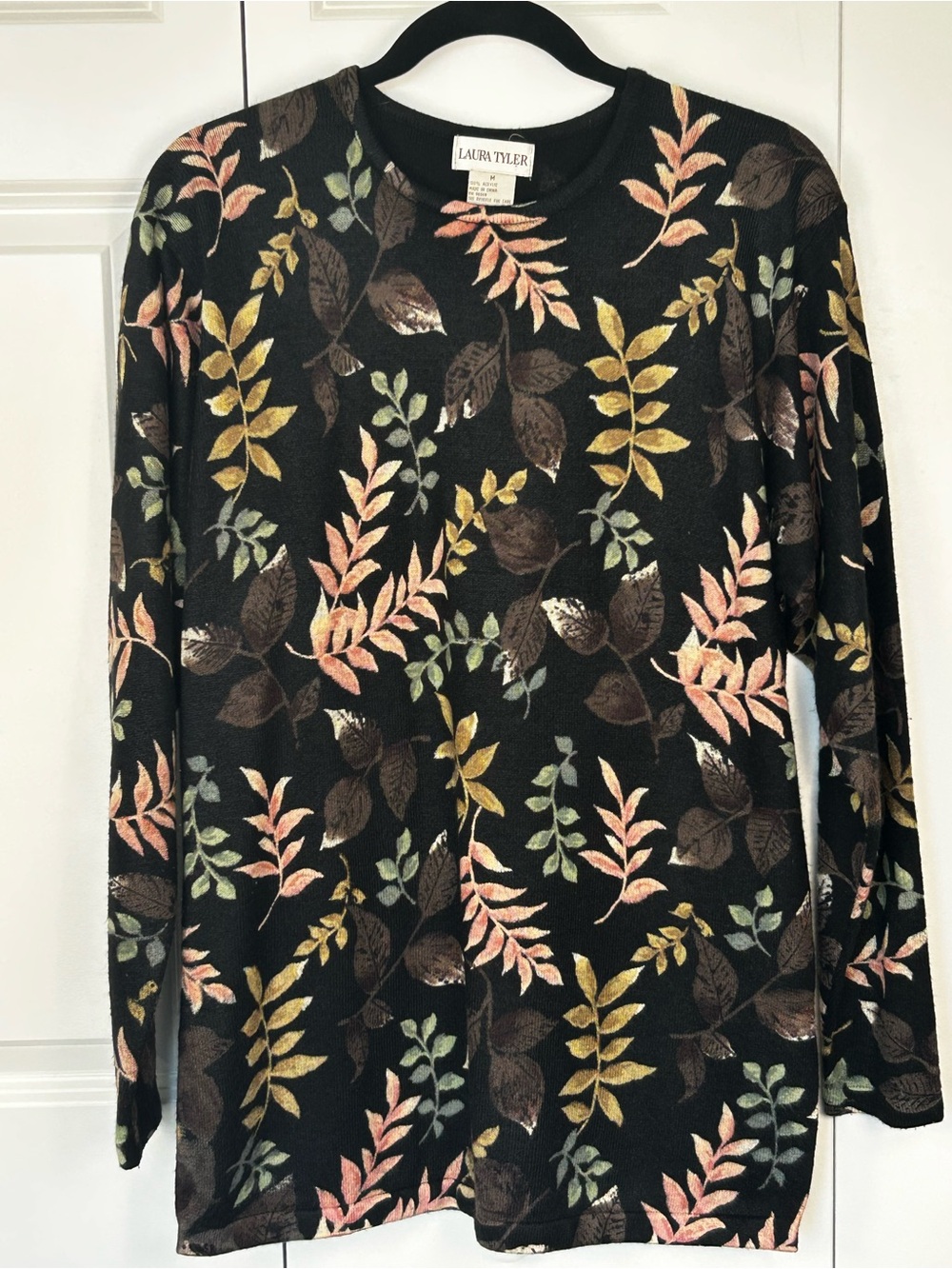 Women's Black Crewneck Sweater with Multicolor Leaf Print